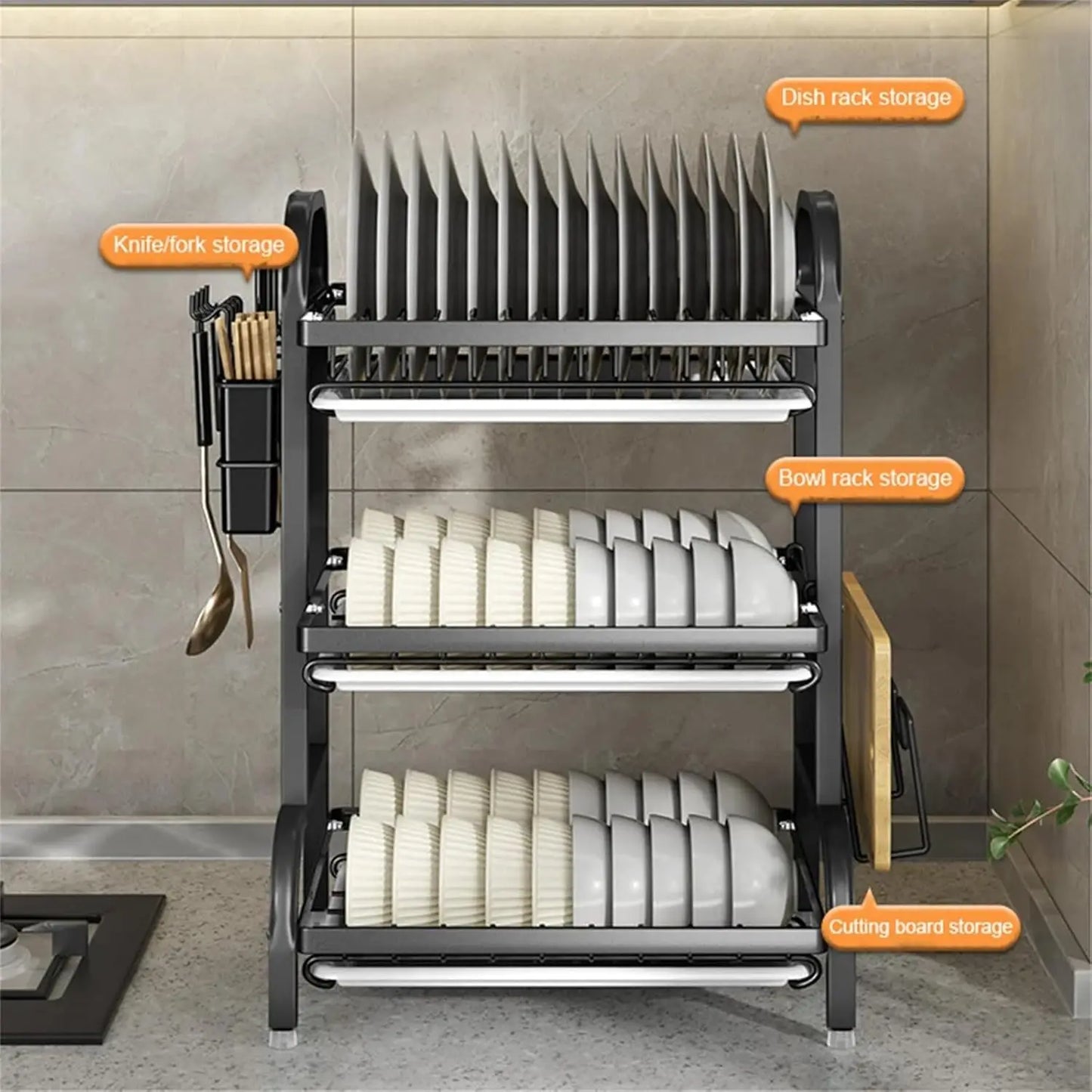 Dish Rack, Three-Tier Space-Saving Kitchen Countertop Utensil Holder
