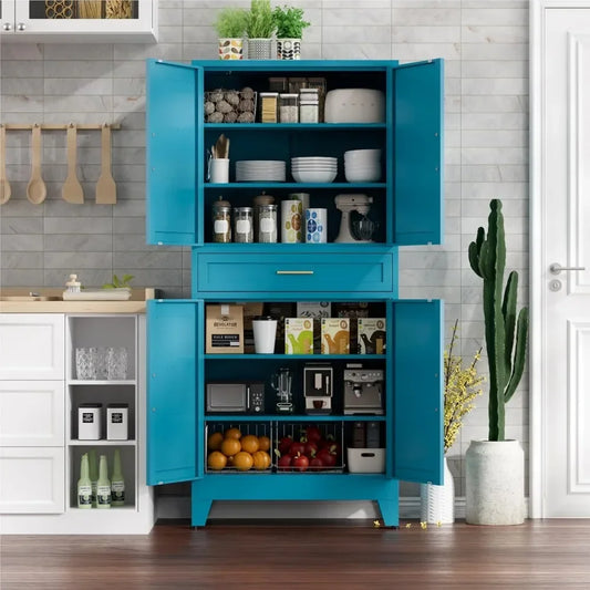 71" H Farmhouse Metal Kitchen Storage Cabinets,Blue Pantry