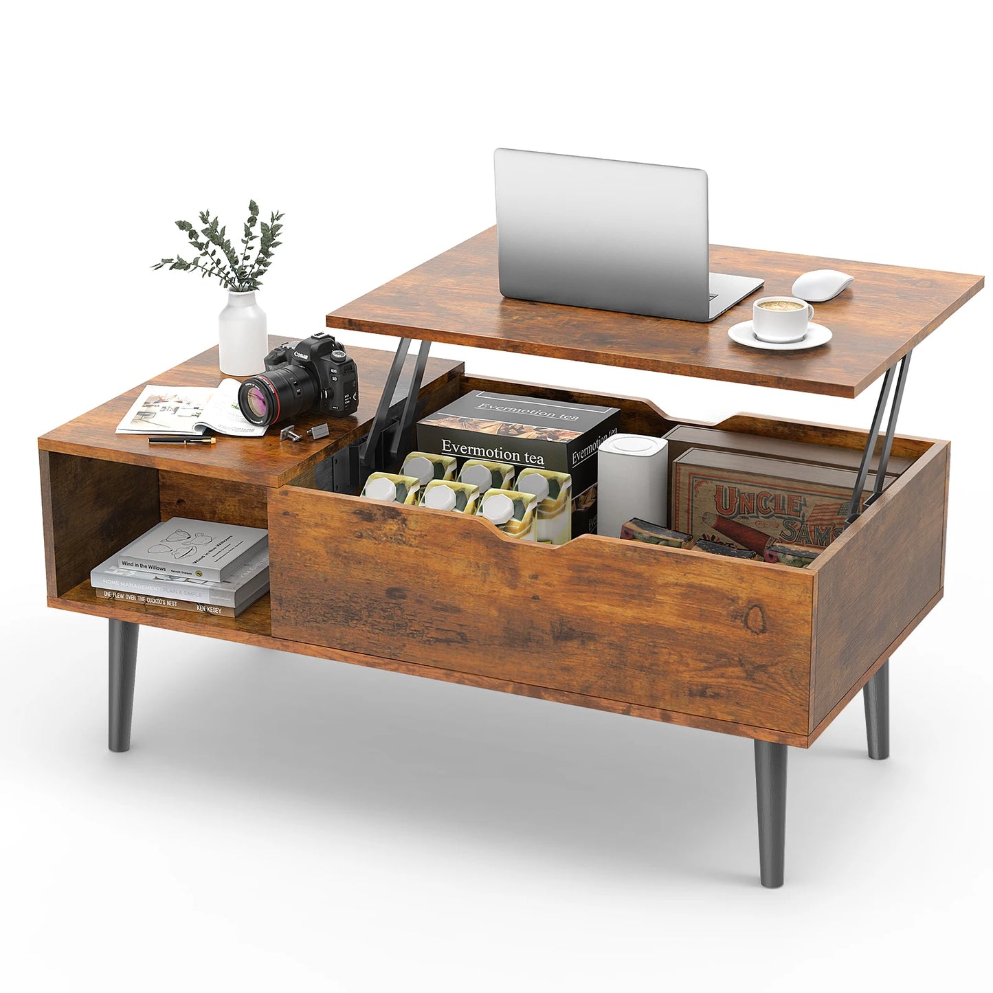 Lift Top Wood Dining Tables Adjustable Storage Shelf Easy Lift Or Lower