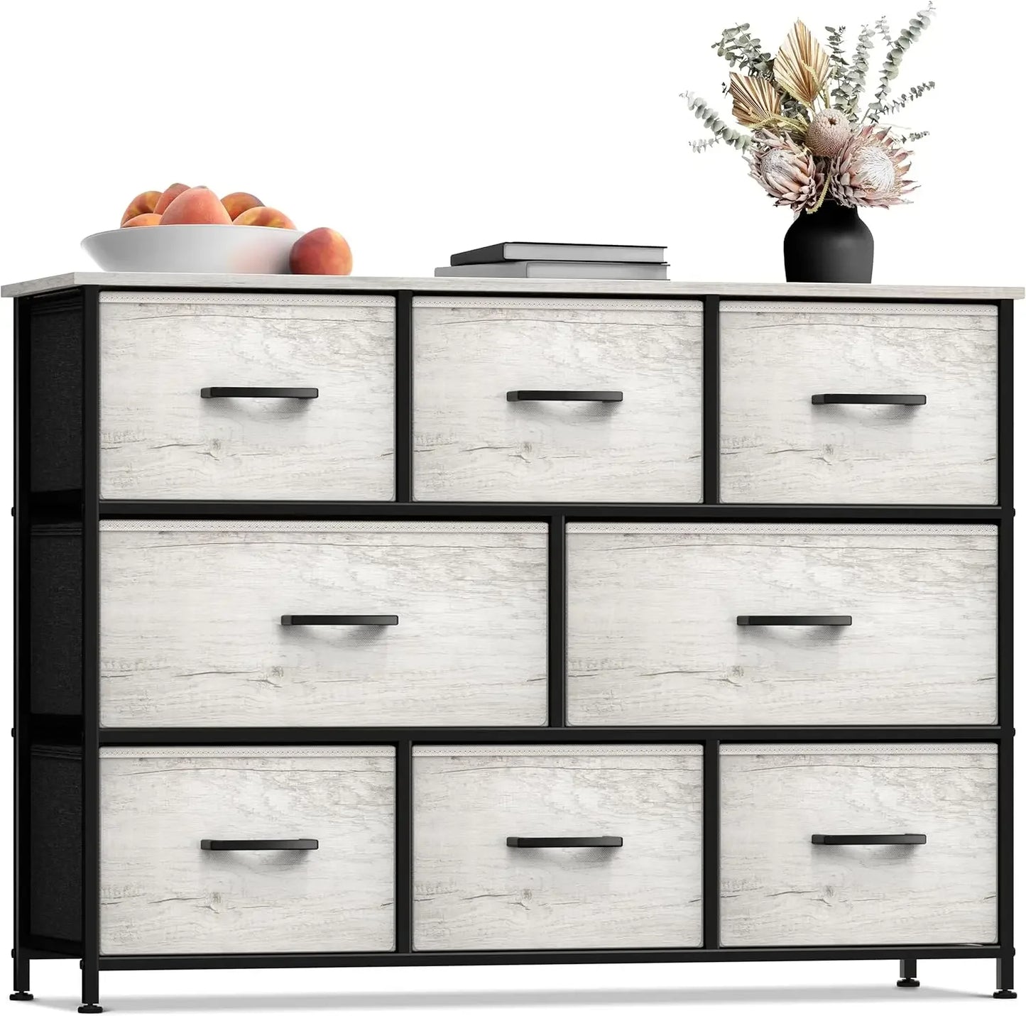 Dresser with 8 Drawers Steel Frame, Wood Top & Handle, Fabric Bins