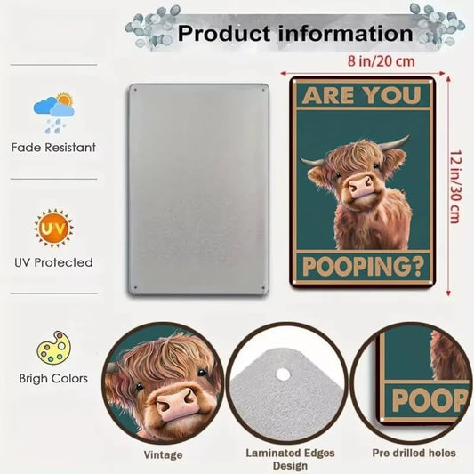 Vintage Highland Cow Tin Sign: "Are You Pooping?" Bathroom Wall Decor 8 x 12 Inch (3039)