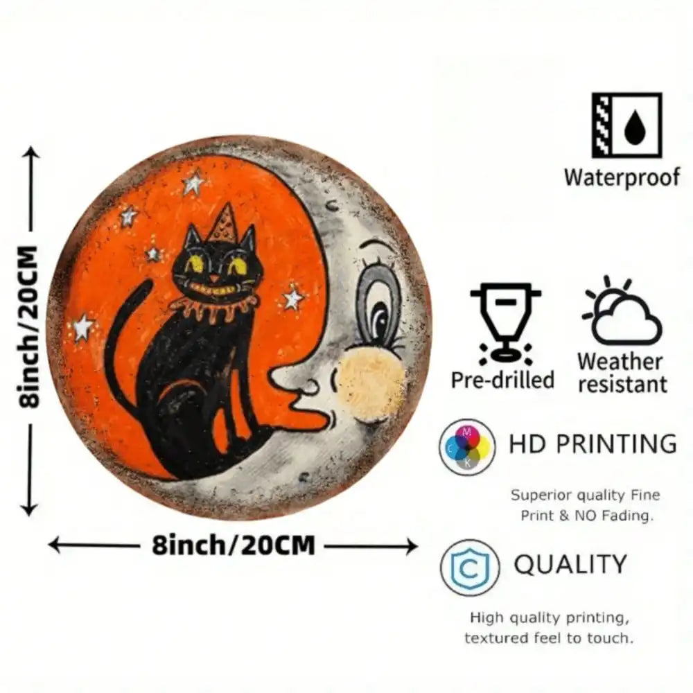 1pc 8" Round Vintage Cat&Moon Metal Sign, Gift,Wall Sculpture