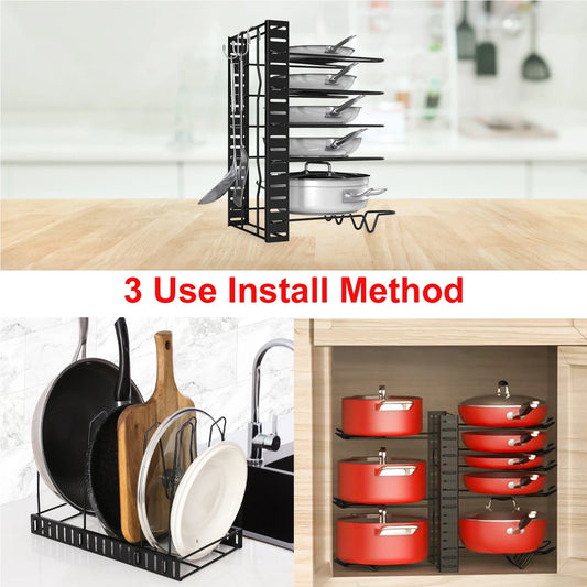 8-Tier Duty Pot Rack Organizer Durable Metal Space-saving Cabinet Holder
