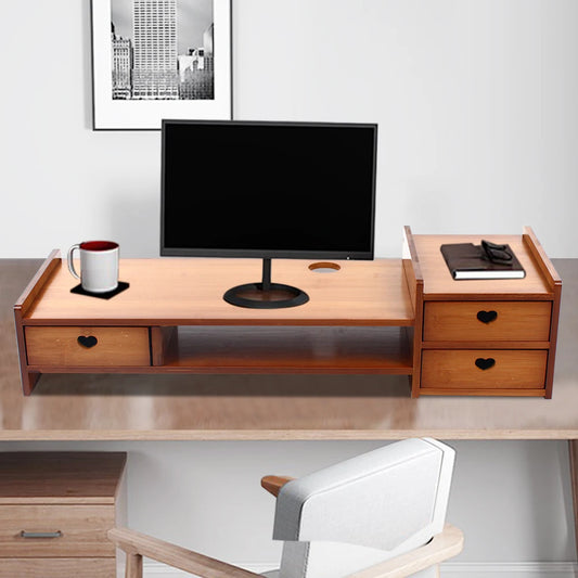 Bamboo Wood Monitor Stand with Storage Organizer Drawers