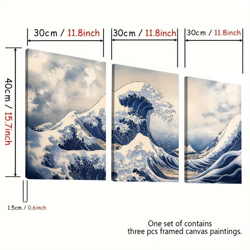 3pcs Great Wave Inspired Ocean Canvas Wall Art Painting