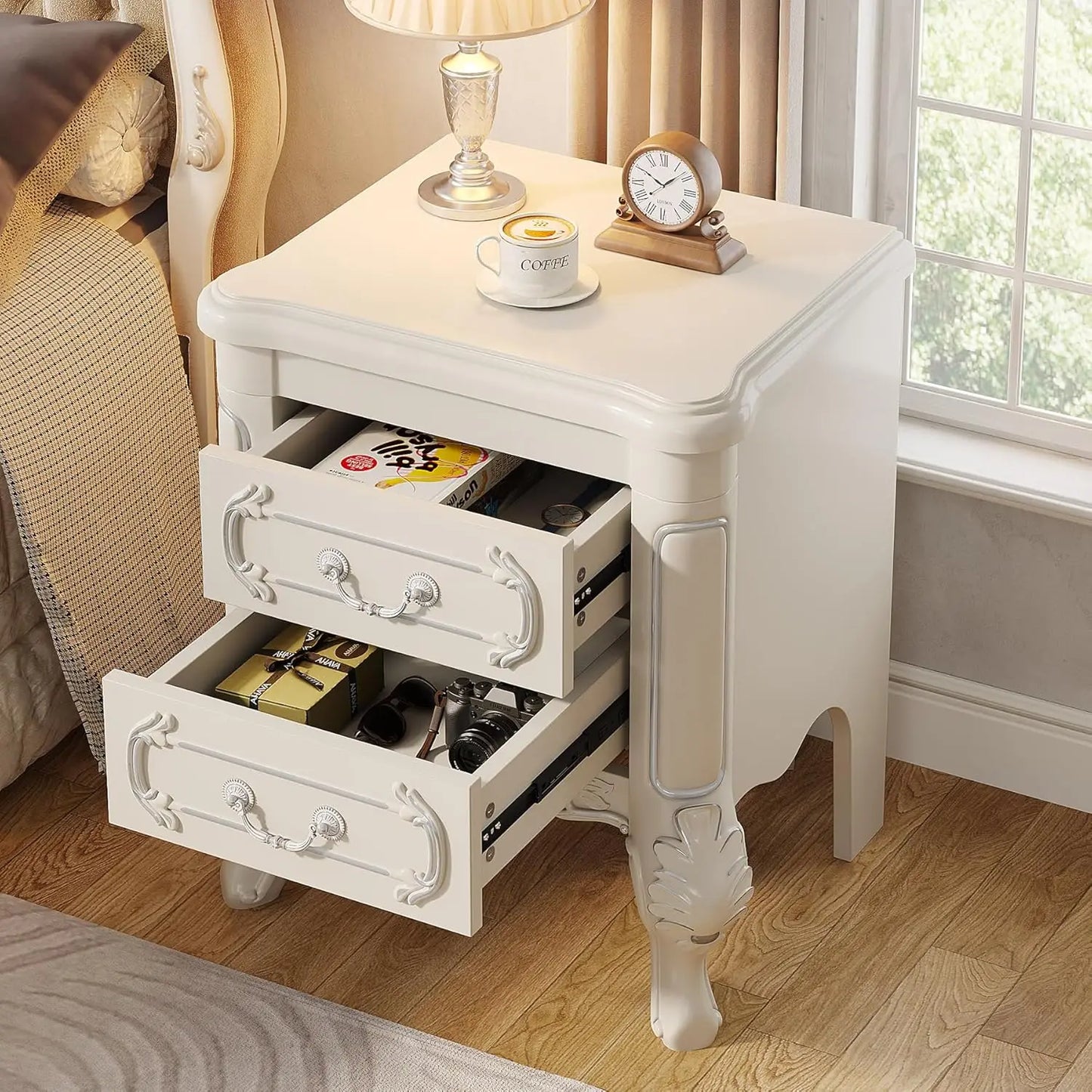 White Nightstand, End Table with 2 Drawers, Carved Vintage Style