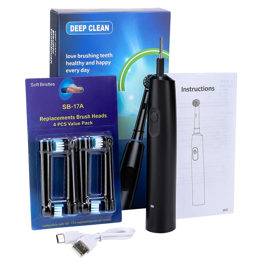 Rechargeable Rotary Toothbrush with 4 Heads, 5 Modes Setting Teeth Whitening Oral Car