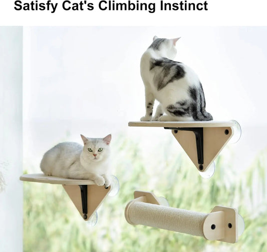 Cat Window Perch Hammock with Climbing Steps and Scratching Post Wooden Window Mounted