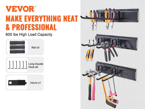 Wall Mount Heavy Duty Storage Rack W/ Adjustable Hook Rails for Shovels Trimmers Hose
