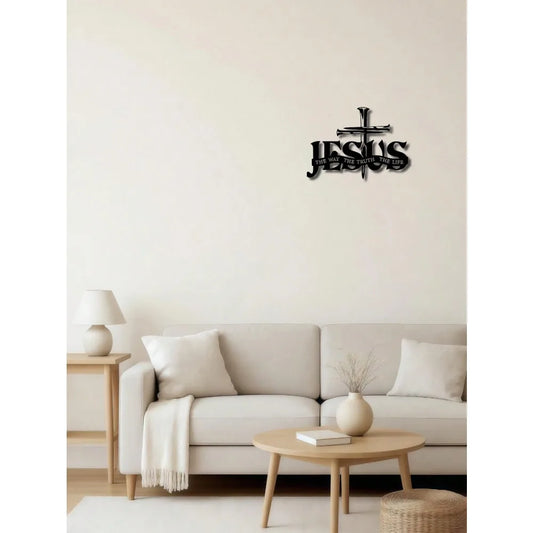 Jesus Cross Metal Wall Sculpture – "The Way, The Truth, The Life" Sign