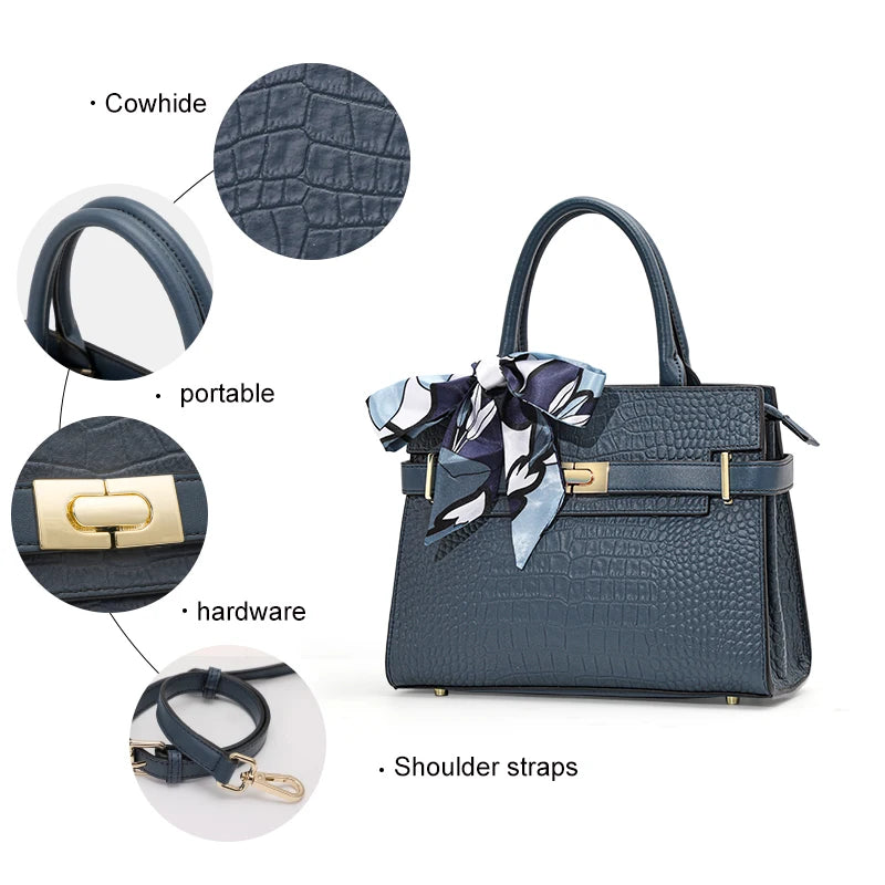 Luxury Crocodile Pattern Genuine Leather Women's Bag Large