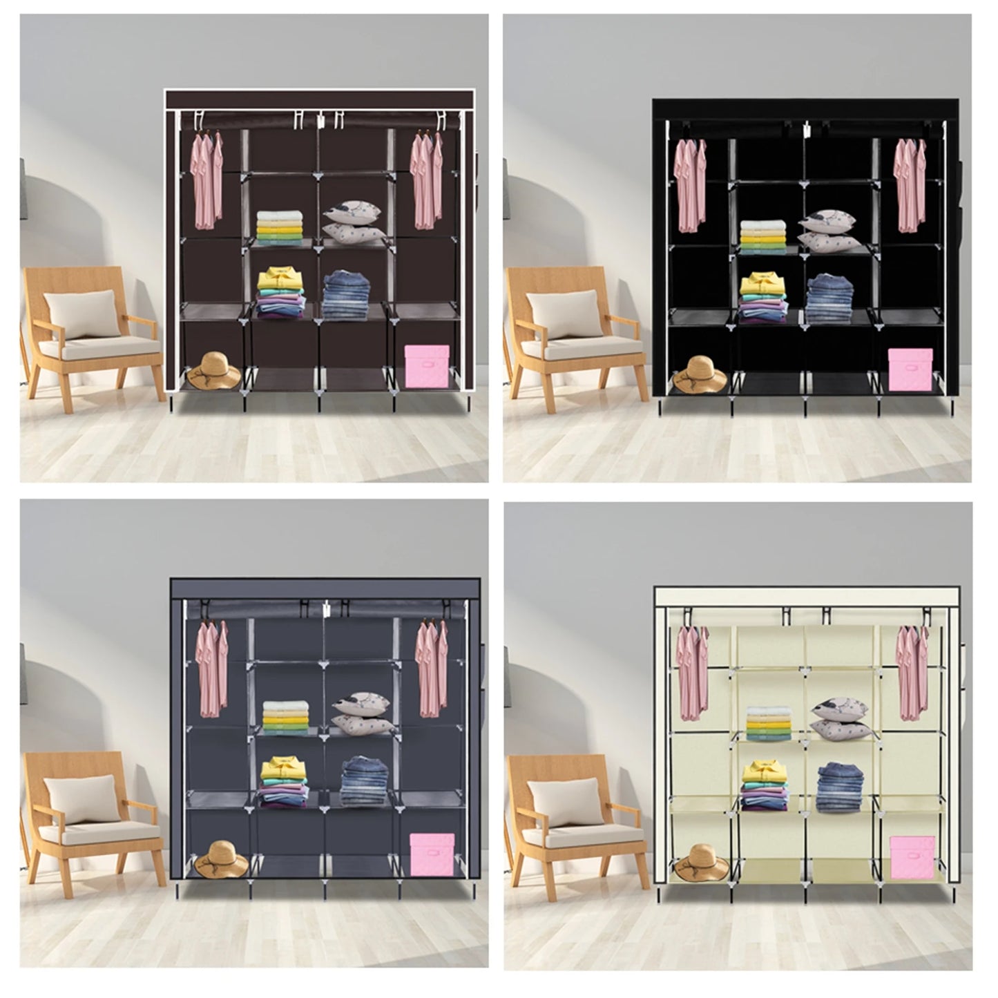 67" Portable Wardrobe Clothes closet Storage Rack 12 Shelves 4 Side Pockets Gray