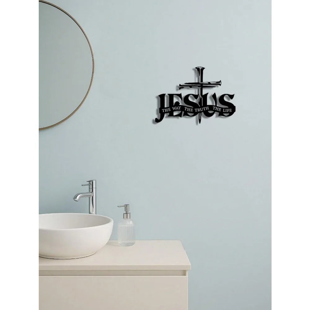 Jesus Cross Metal Wall Sculpture – "The Way, The Truth, The Life" Sign