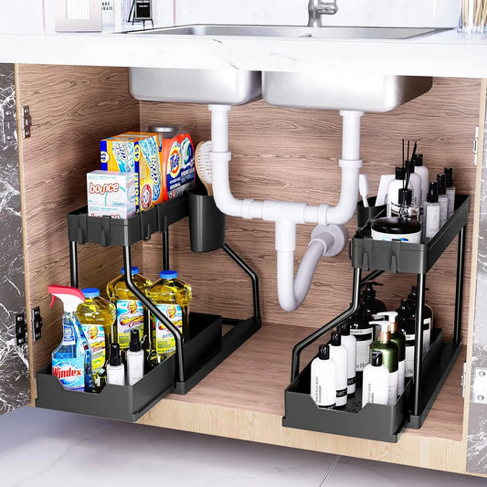 Under-sink storage rack, kitchen cabinet storage, dual-slide storage drawer,