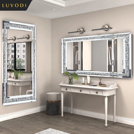 LUVODI Large Silver Sparkly Crystal Rhinestone Diamond Frameless Vanity Mirror