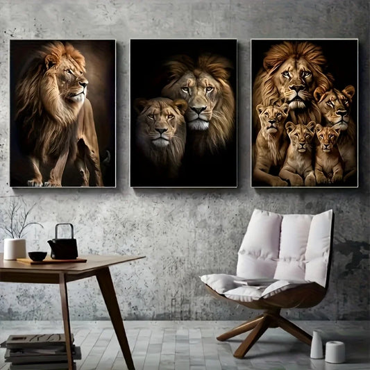 3pcs Art Deco Modern Lion Family Art Print, Large Canvas, Ink on Canvas
