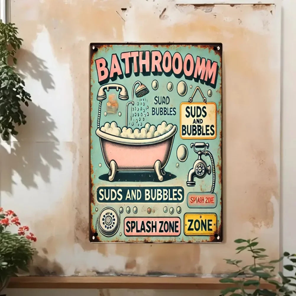 1pc Vintage 8x12" Metal Tin Sign - "Bathroom Suds and Bubbles"
