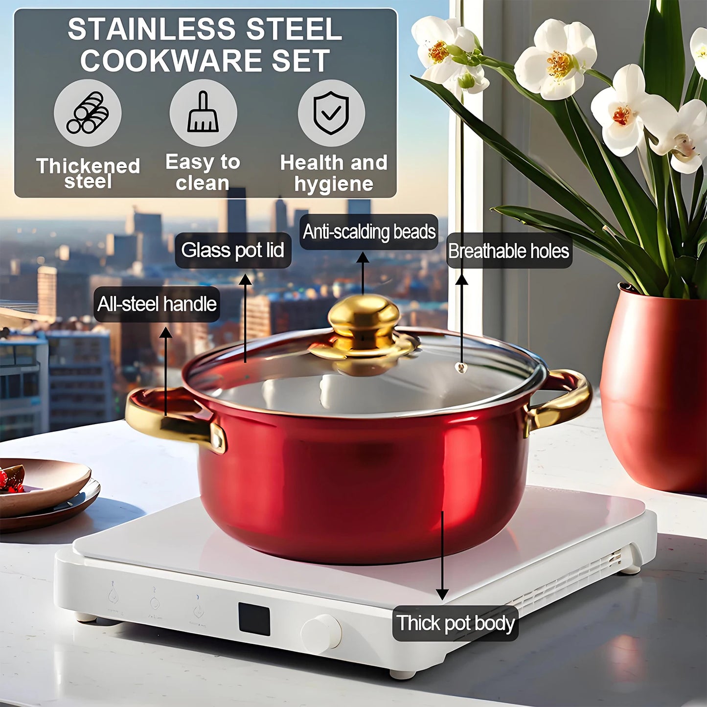 Red Cookware Set, 12-Piece ,Stainless Steel, Non-Stick