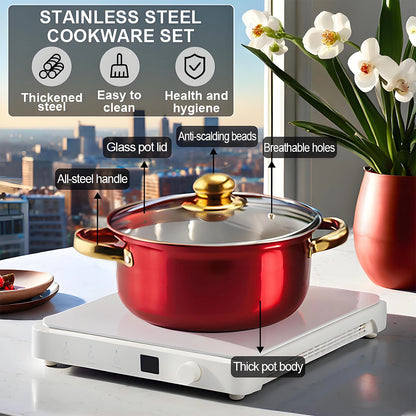 Red Cookware Set, 12-Piece ,Stainless Steel, Non-Stick