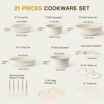 21 Piece Pots and Pans Set Non-Stick,  Ceramic Cookware , Milky white