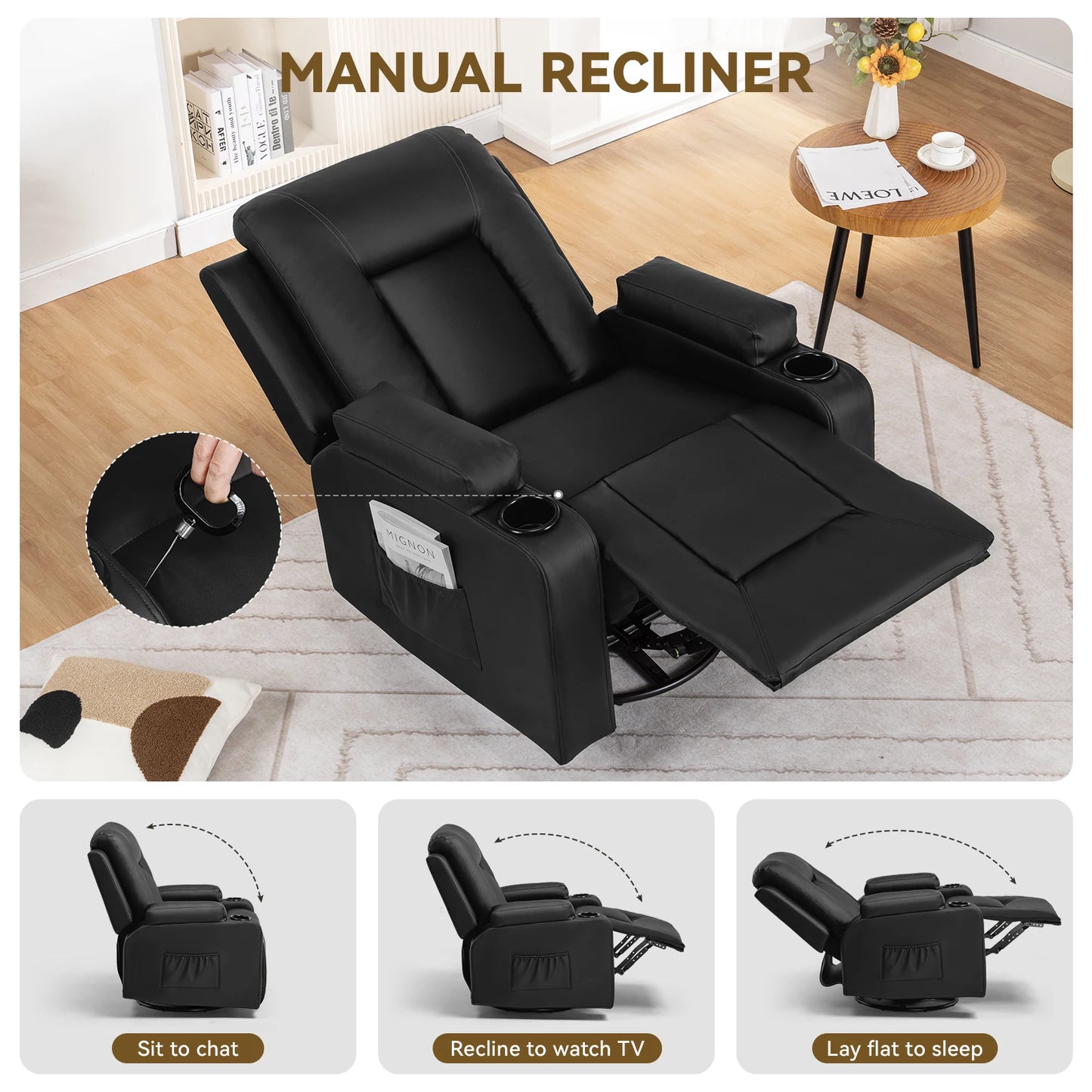 Recliner Chair, Rocking Chair for Adults, Swivel Recliner Heat and Massage