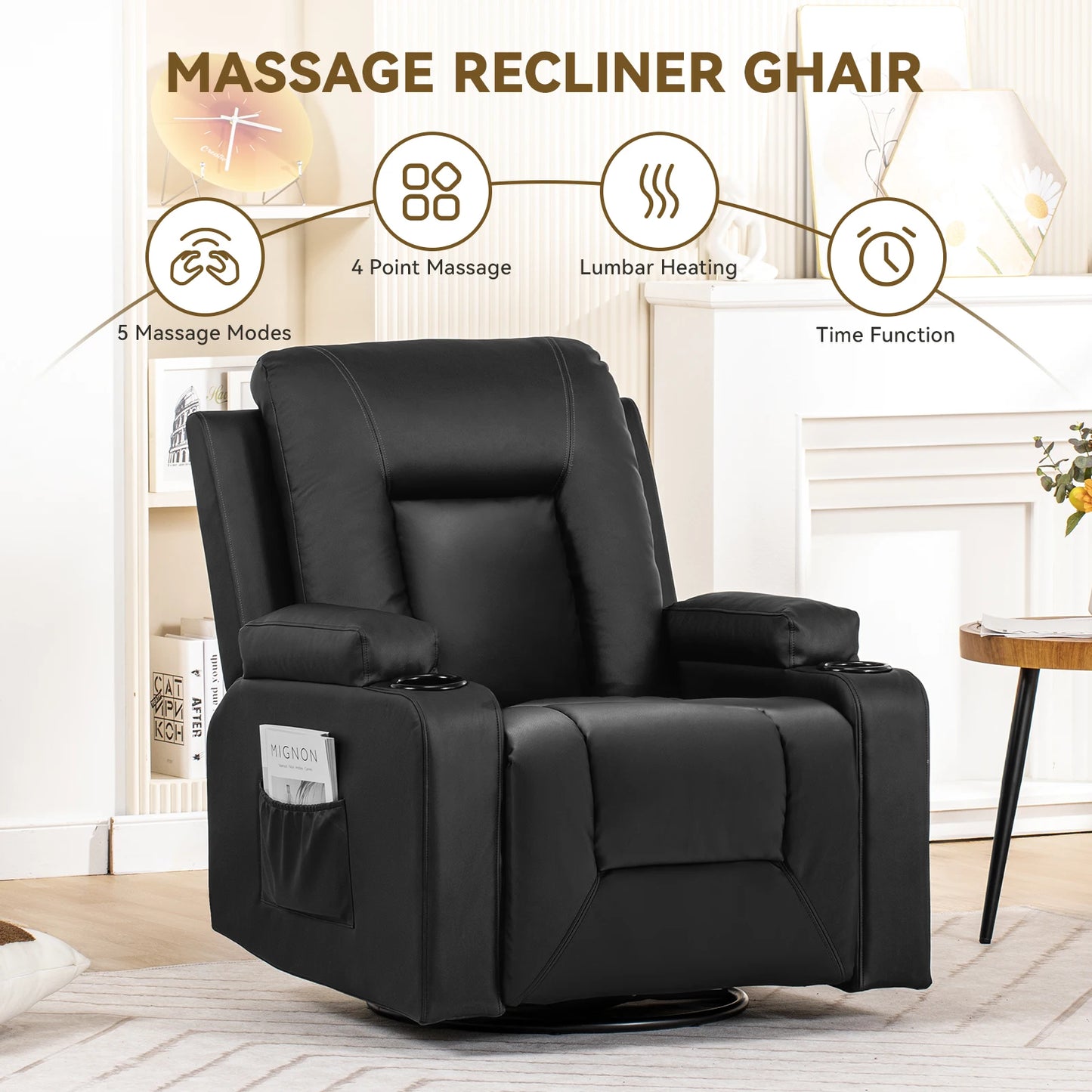Recliner Chair, Rocking Chair for Adults, Swivel Recliner Heat and Massage