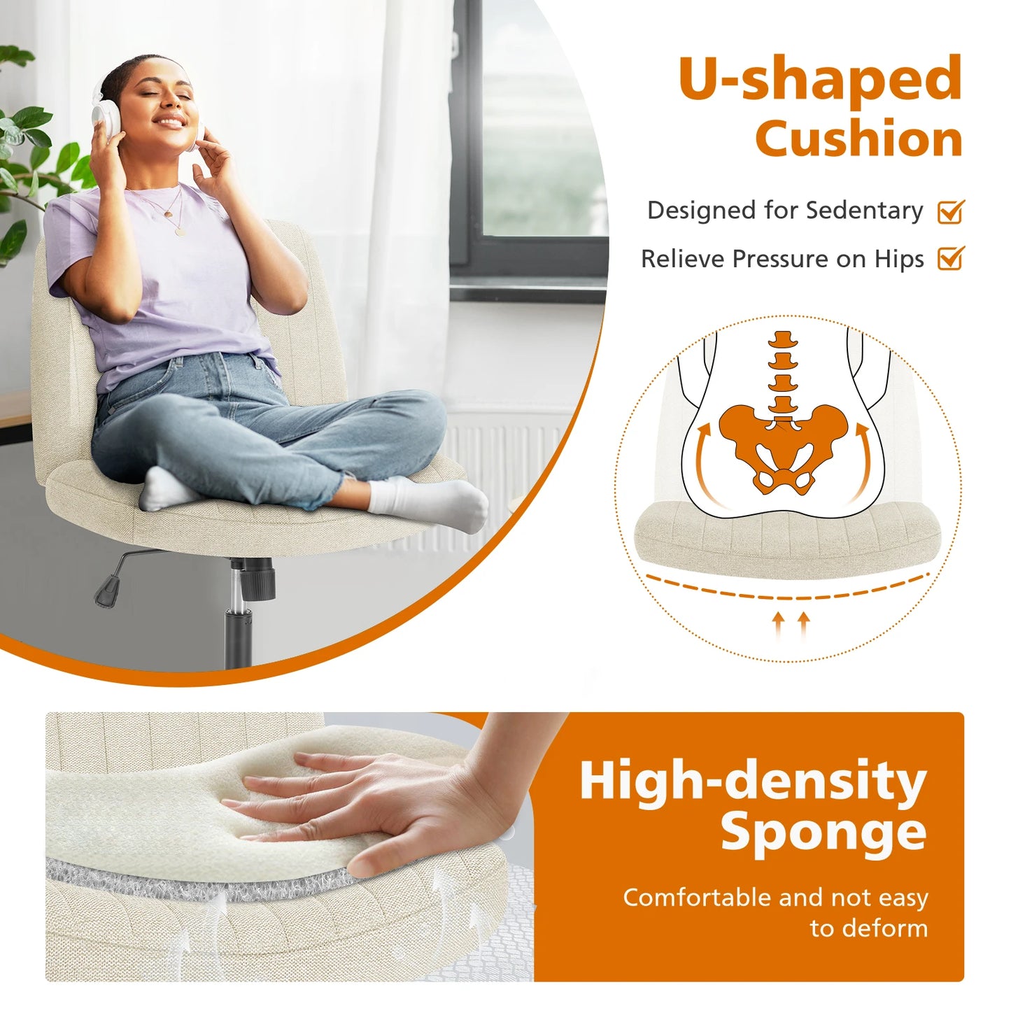 Adjustable Swivel Cross Legged Armless Wide Desk Chair