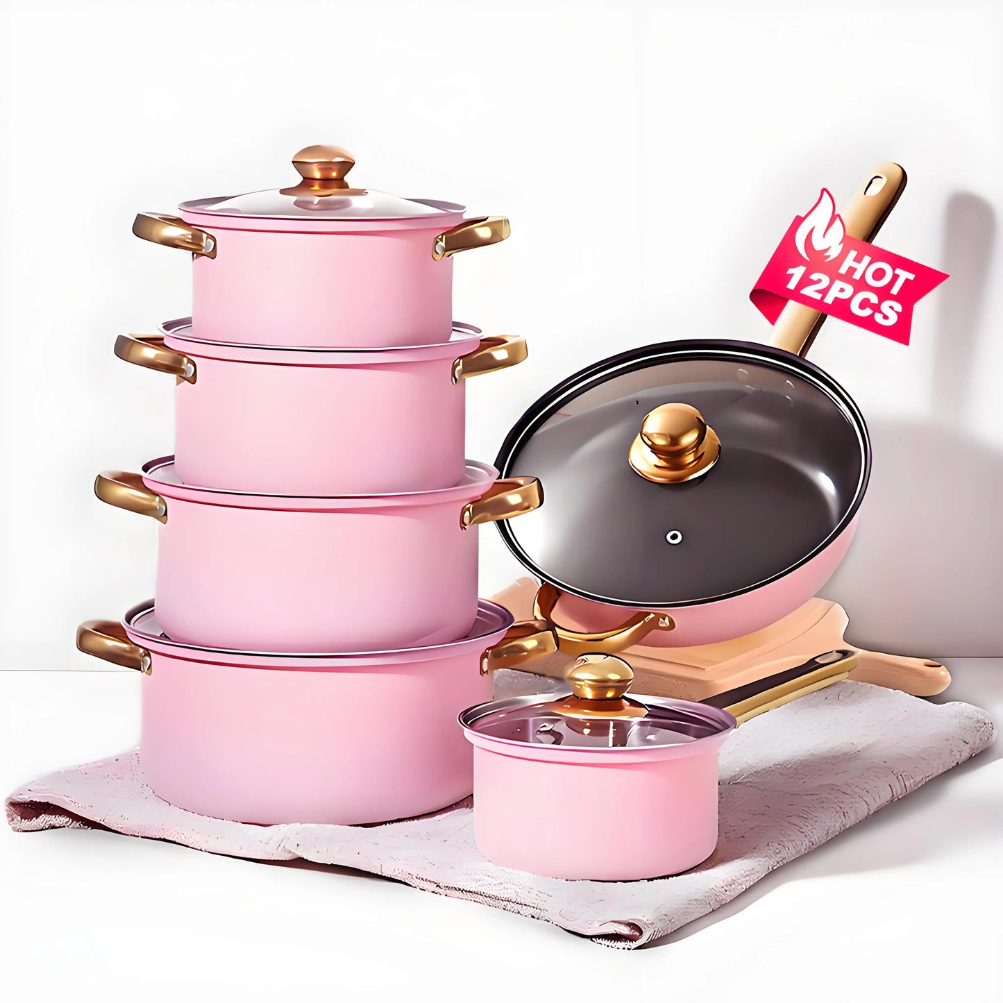 Red Cookware Set, 12-Piece ,Stainless Steel, Non-Stick