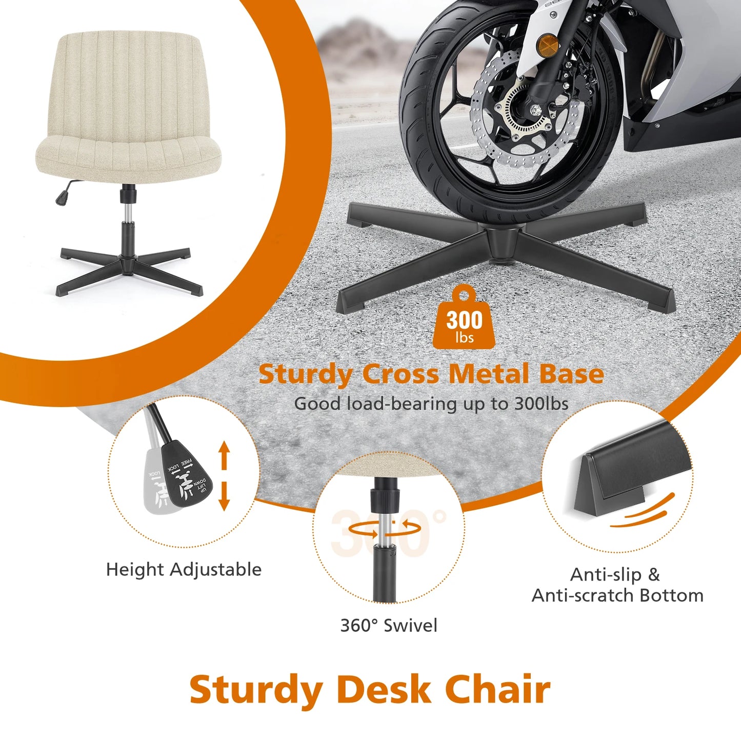 Adjustable Swivel Cross Legged Armless Wide Desk Chair
