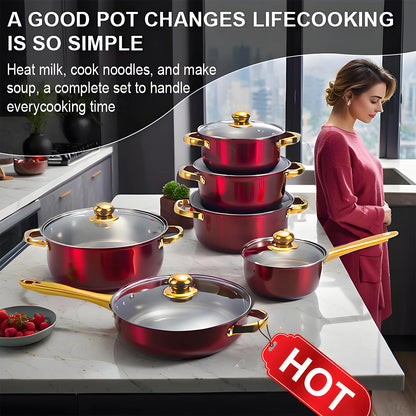 Red Cookware Set, 12-Piece ,Stainless Steel, Non-Stick