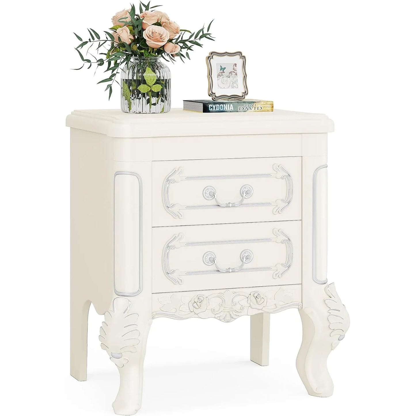 White Nightstand, End Table with 2 Drawers, Carved Vintage Style