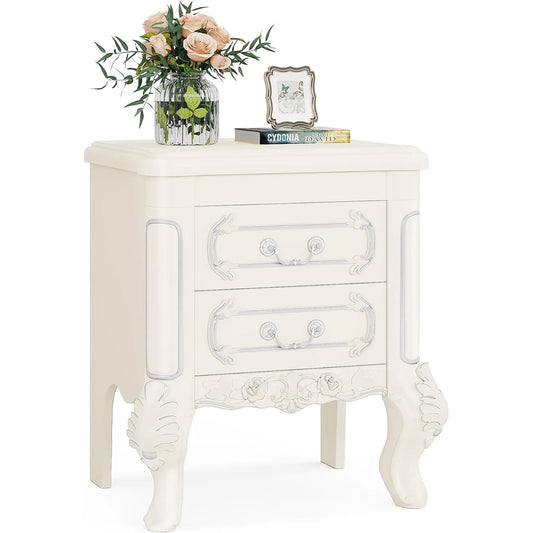 White Nightstand, End Table with 2 Drawers, Carved Vintage Style