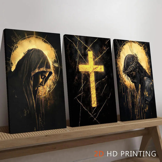 3pcs Religious Canvas Art Set - Golden Cross, Virgin Mary & Jesus, Solemn & Mystical Christian Wall Decor with Wooden Frame, 2D