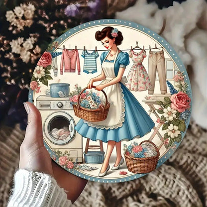 1pc 8x8" Vintage Washing Girl Metal Sign,Home/,Wall Sculpture