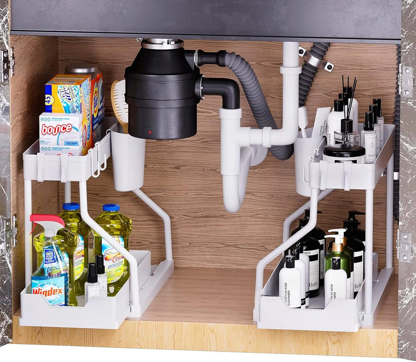 Under-sink storage rack, kitchen cabinet storage, dual-slide storage drawer,