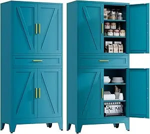71" H Farmhouse Metal Kitchen Storage Cabinets,Blue Pantry