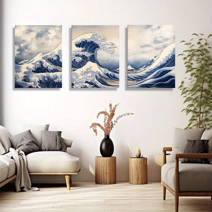 3pcs Great Wave Inspired Ocean Canvas Wall Art  Painting