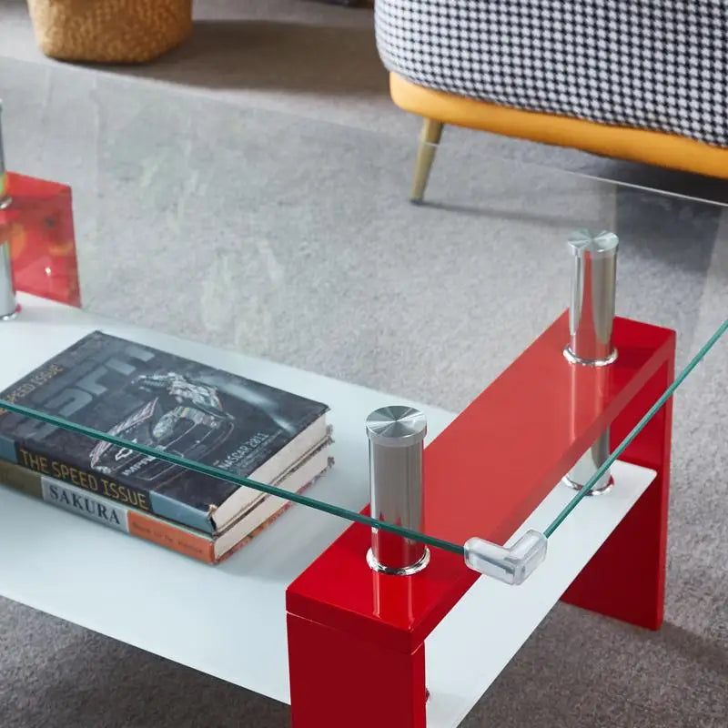 Red Rectangular Coffee Table with Double Layer Storage Shelf