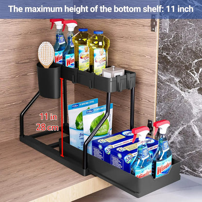Under-sink storage rack, kitchen cabinet storage, dual-slide storage drawer,