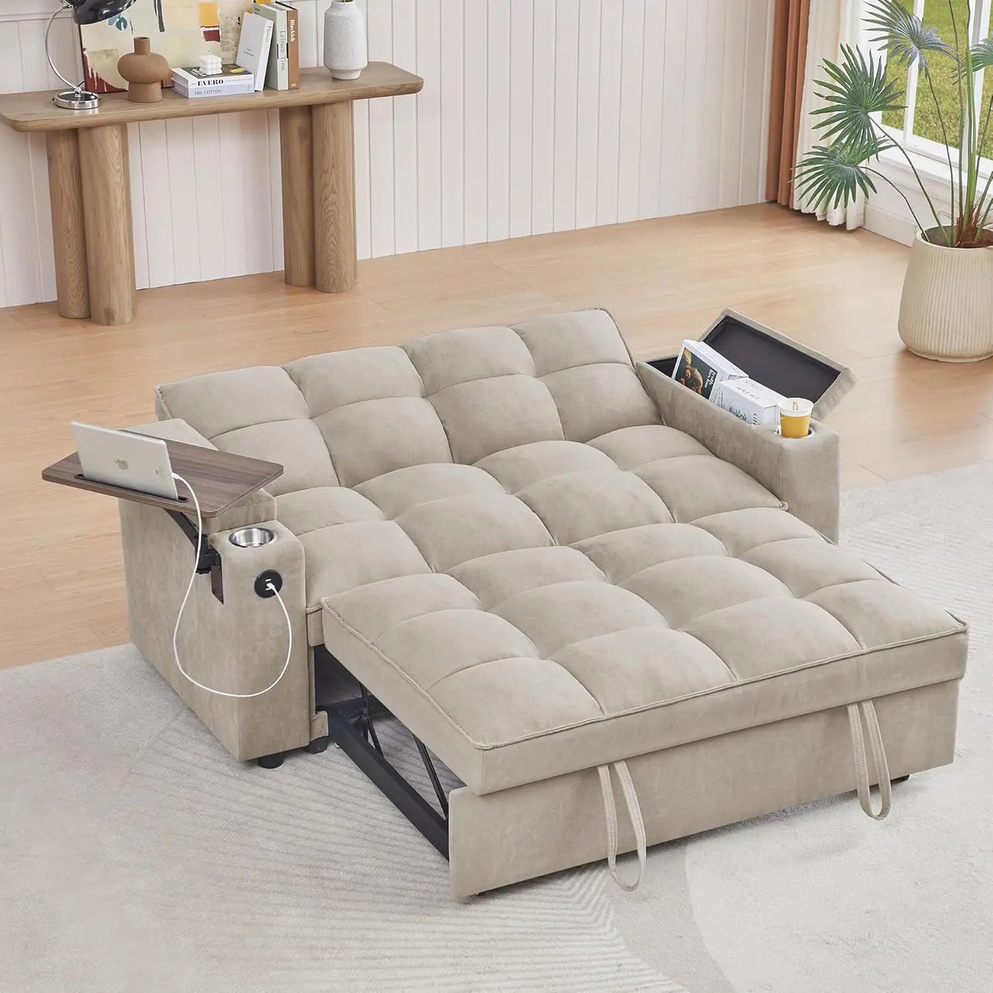 Sleeper Sofa Bed with Adjustable Backrest,, Side Table & USB/-C Ports