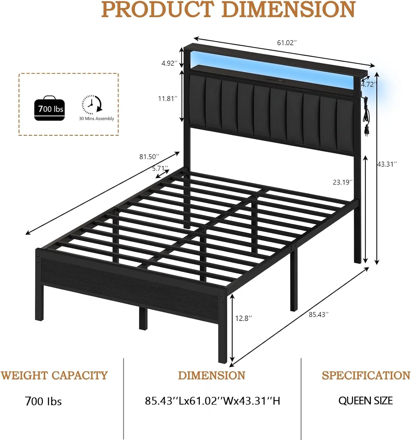 Queen Size Bed Frame with Charging Station and LED Lights, Platform