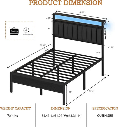 Queen Size Bed Frame with Charging Station and LED Lights, Platform