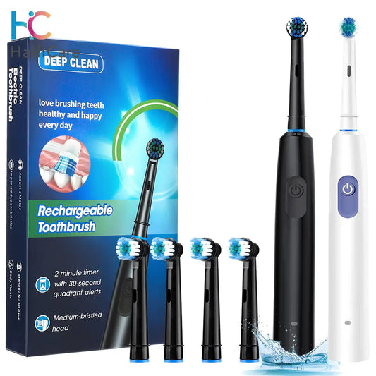 Rechargeable Rotary Toothbrush with 4 Heads, 5 Modes Setting Teeth Whitening Oral Car
