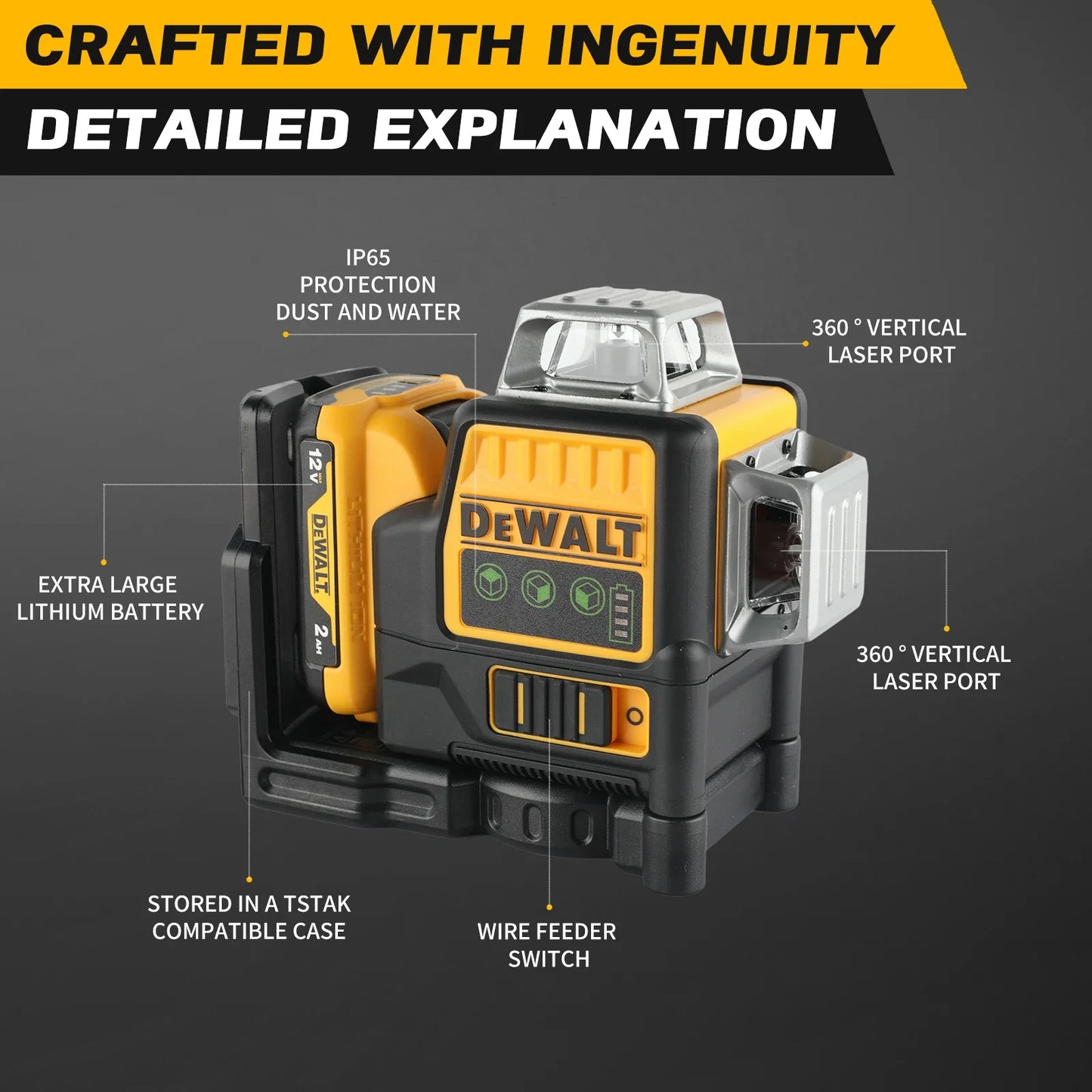 Dewalt DW089LG 12V Lithium Green Laser Level - 3 Sided 360° Vertical & Horizontal,