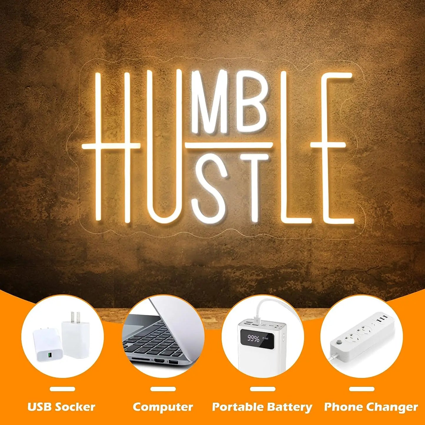 Hustle/Humble LED Neon Sign for Wall Decor,,