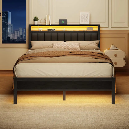 Queen Size Bed Frame with Charging Station and LED Lights, Platform
