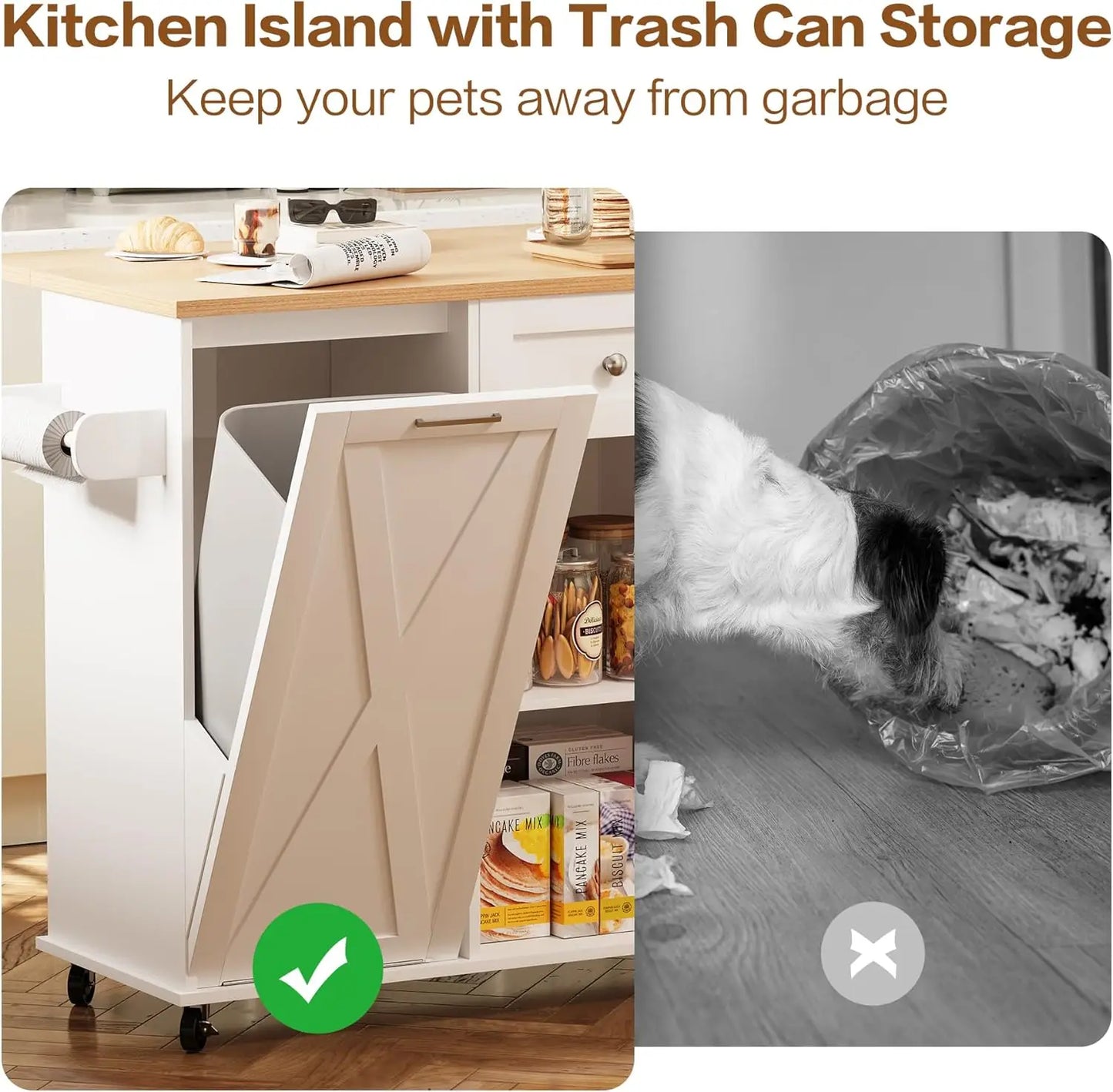 48" Rolling Kitchen Island with Drop Leaf & Trash Can Storage