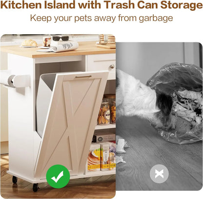 48" Rolling Kitchen Island with Drop Leaf & Trash Can Storage
