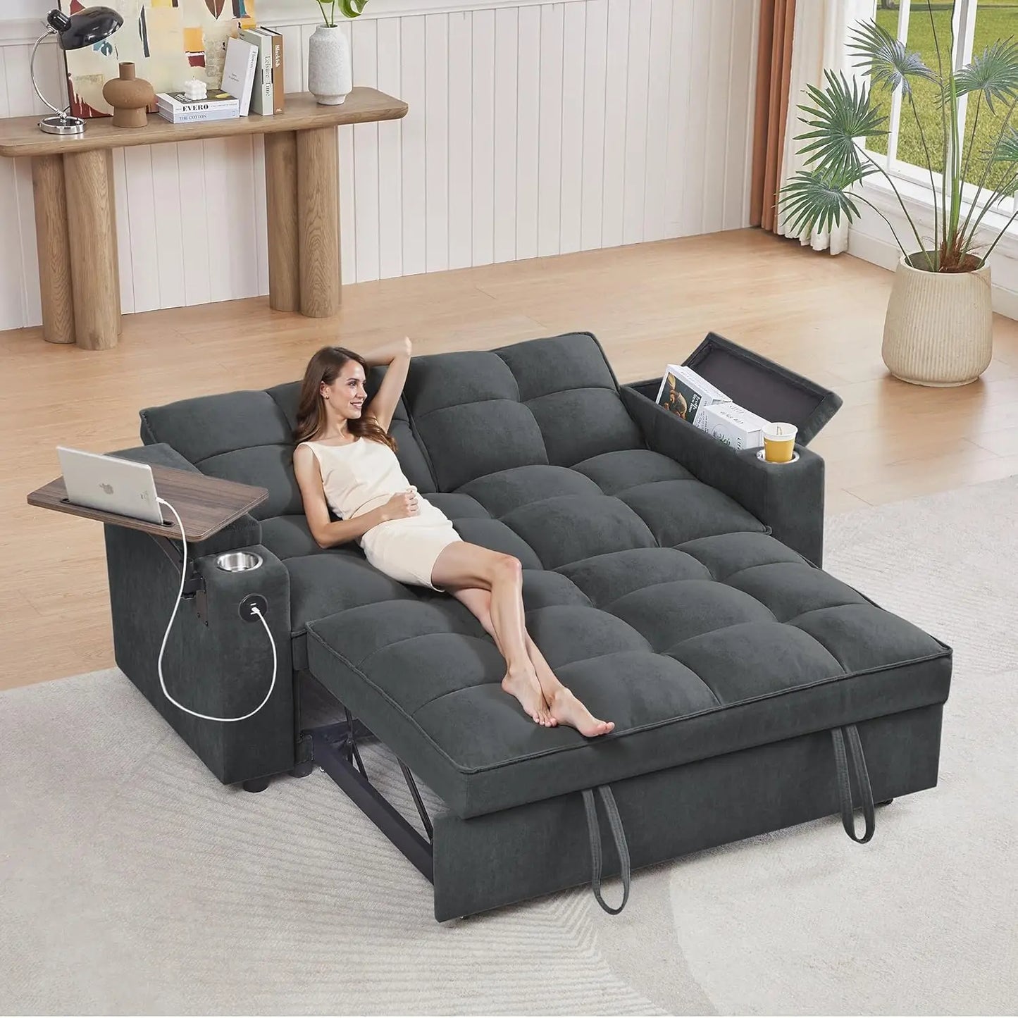Sleeper Sofa Bed with Adjustable Backrest,, Side Table & USB/-C Ports