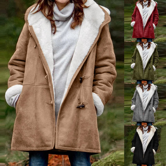 Ladies Hooded Warm OutwearCoat, Winter Plus Size Solid Velvet